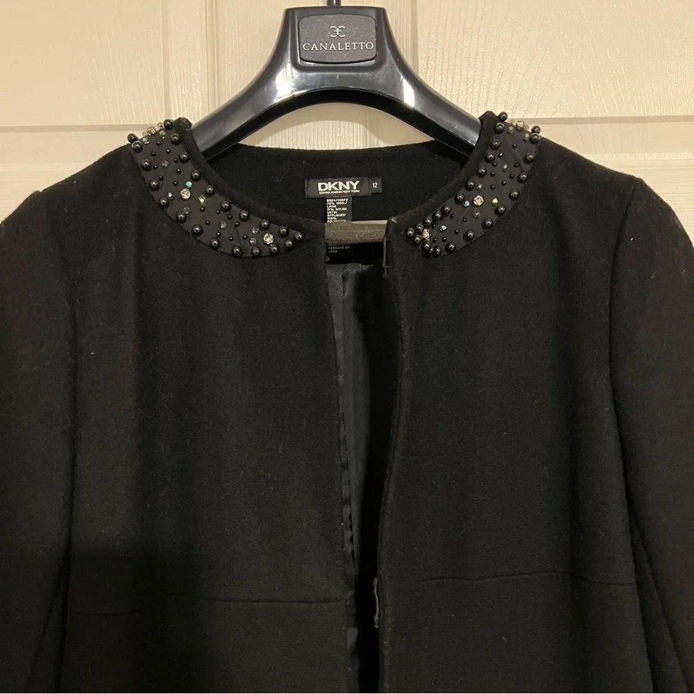 DKNY Vintage Black Beaded Collar & Cuff Wool Opera Coat Dress Size 12 - Picture 2 of 5